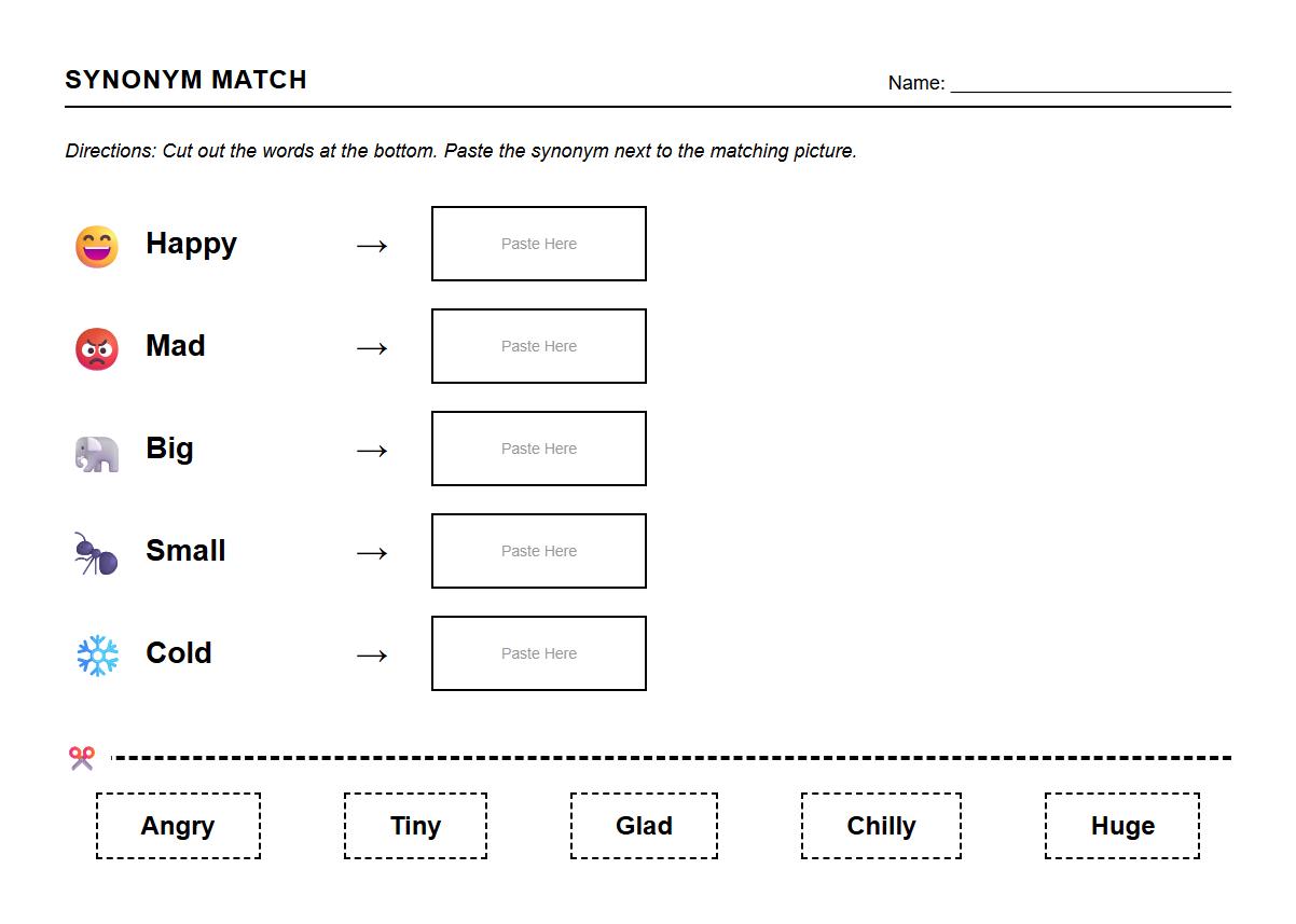 Synonyms Cut and Paste Activities for Kindergarten Literacy