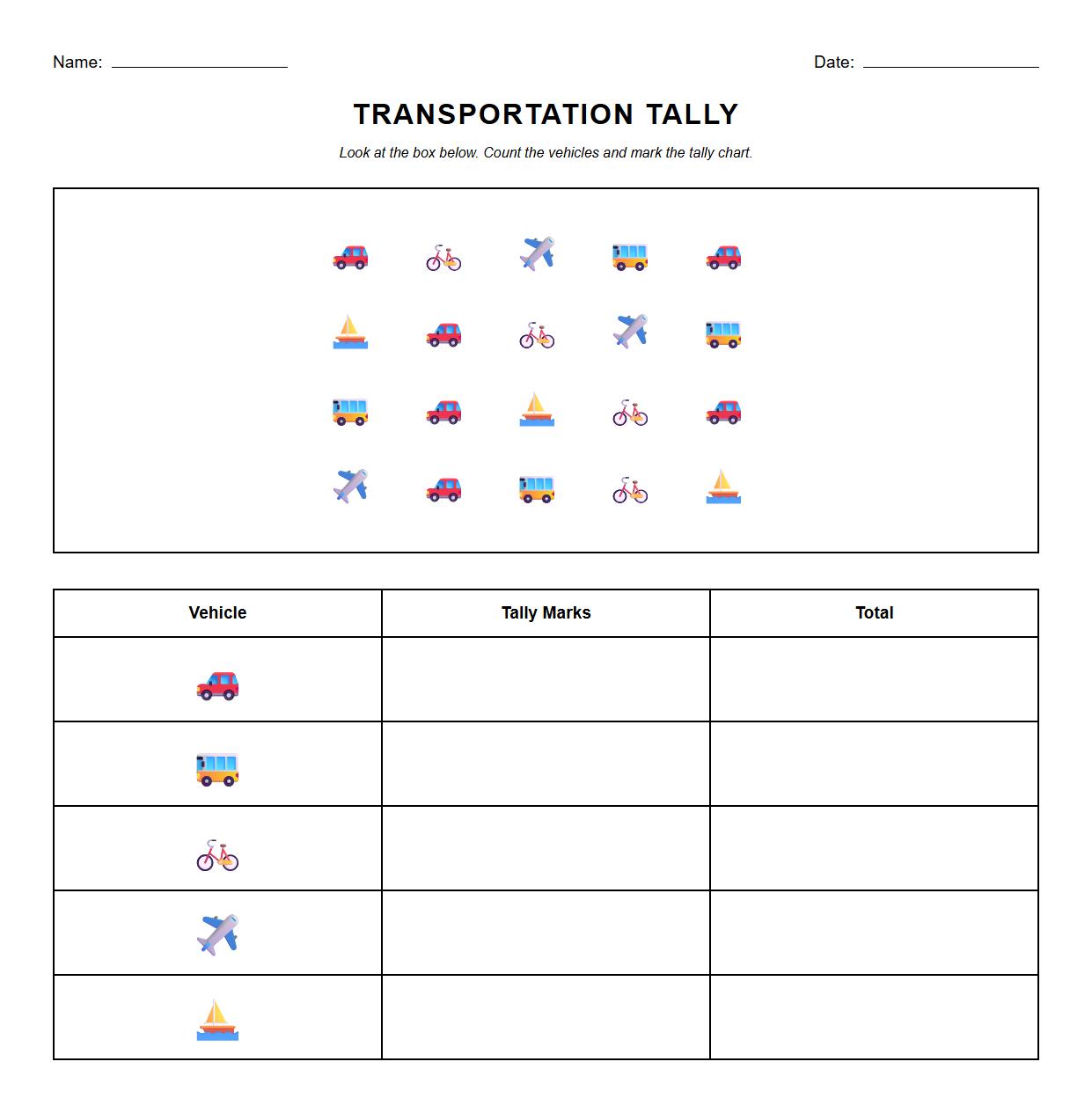 Tally chart worksheet featuring transportation modes for counting accuracy