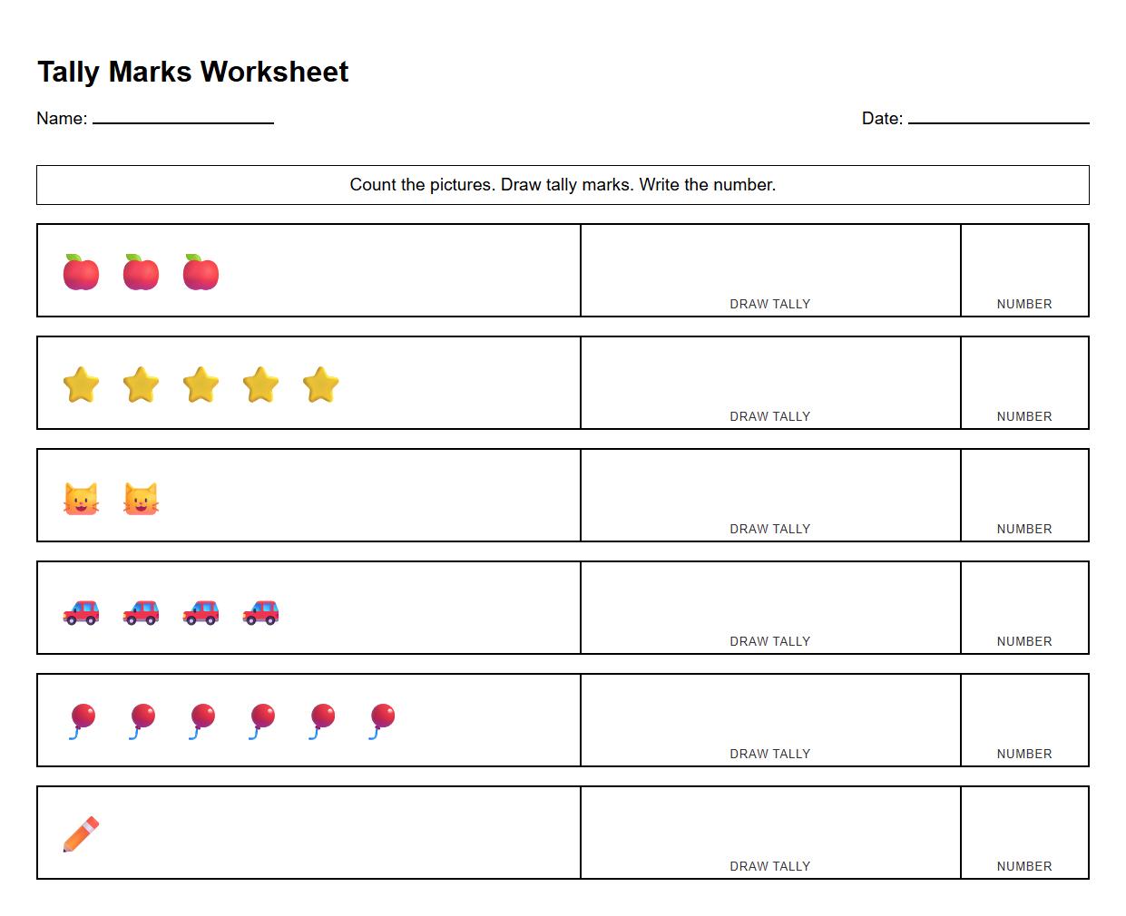 Tally Marks Counting Worksheet for Kindergarten Numeracy
