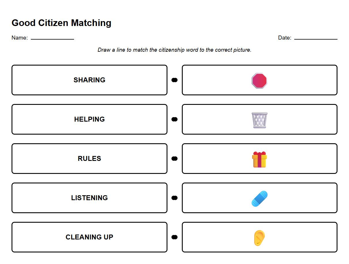 Technical Citizenship Words and Scenario Picture Matching Worksheet
