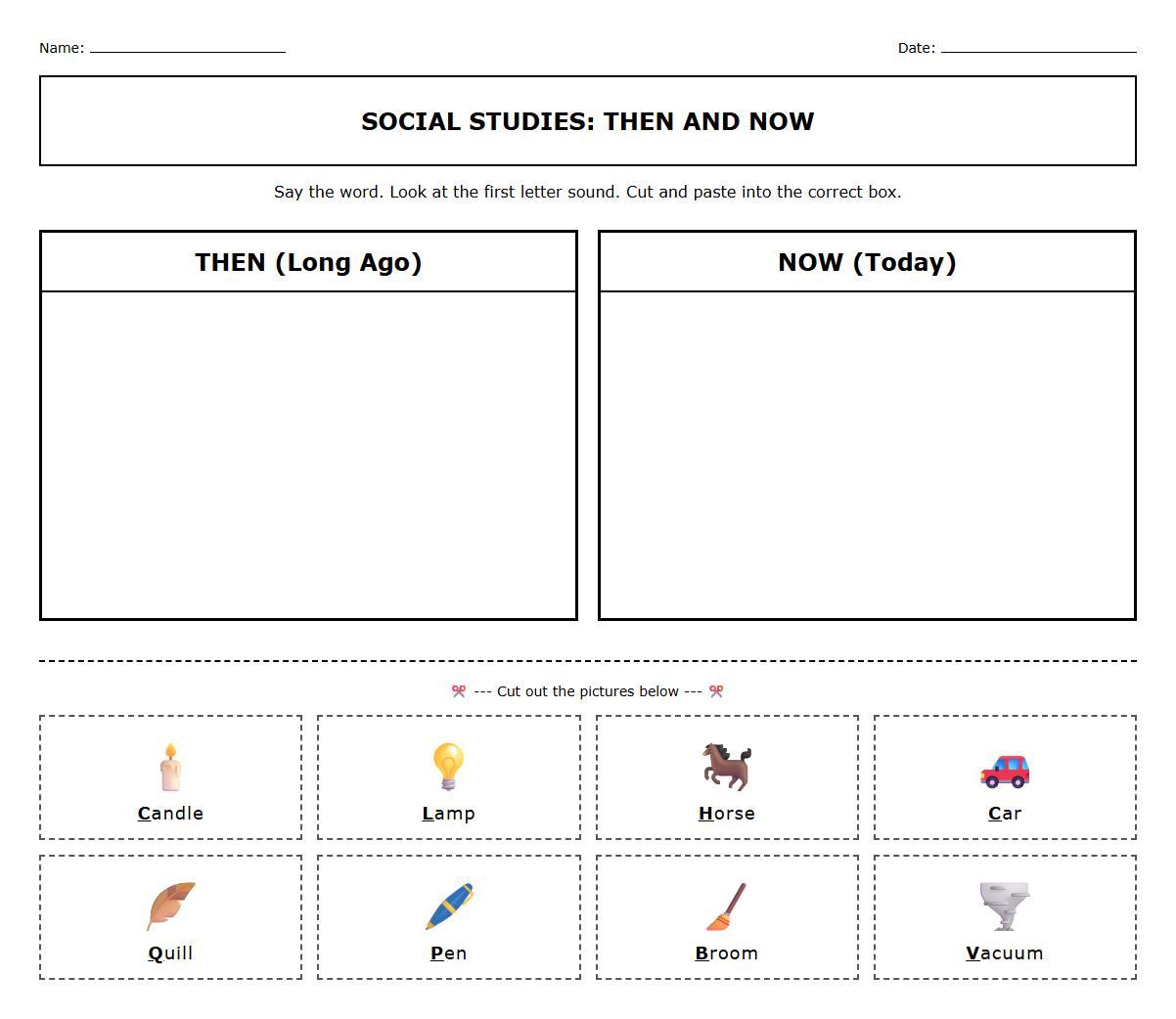 Then and Now Vocabulary Sorting Activity with Phonics Focus