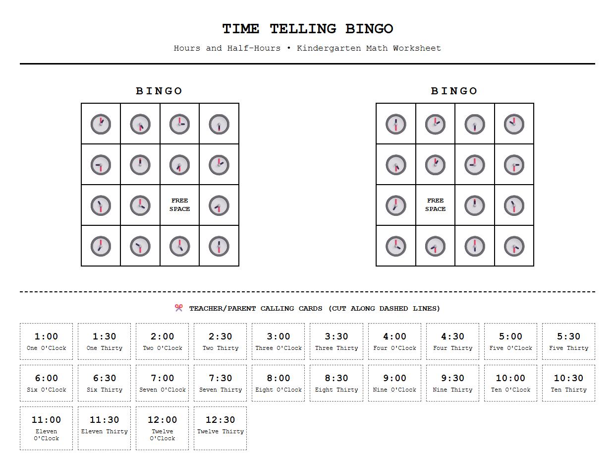 Time Telling Bingo with Hour and Half Hour Focus