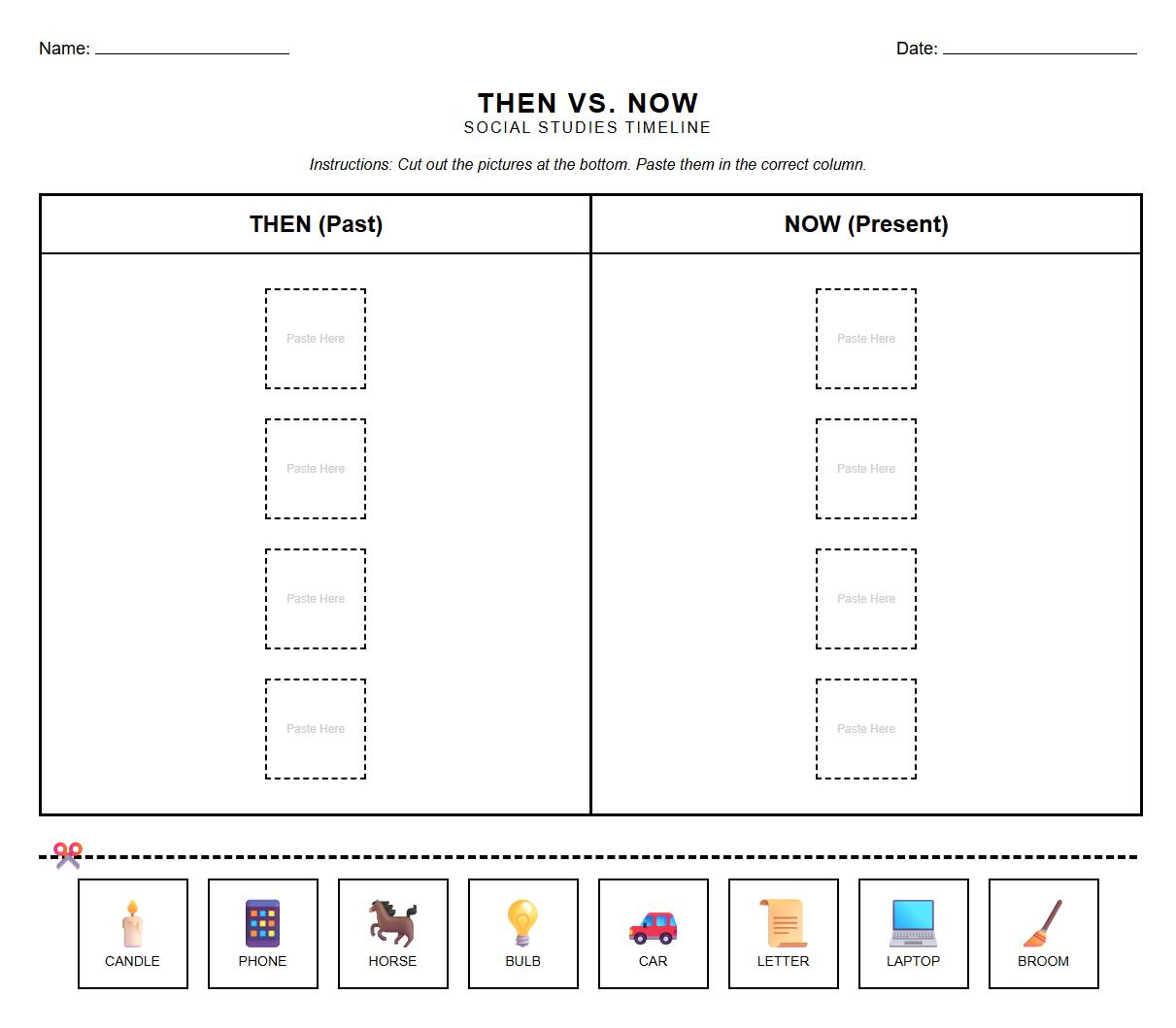 Timeline Activity Sheet for Then vs Now