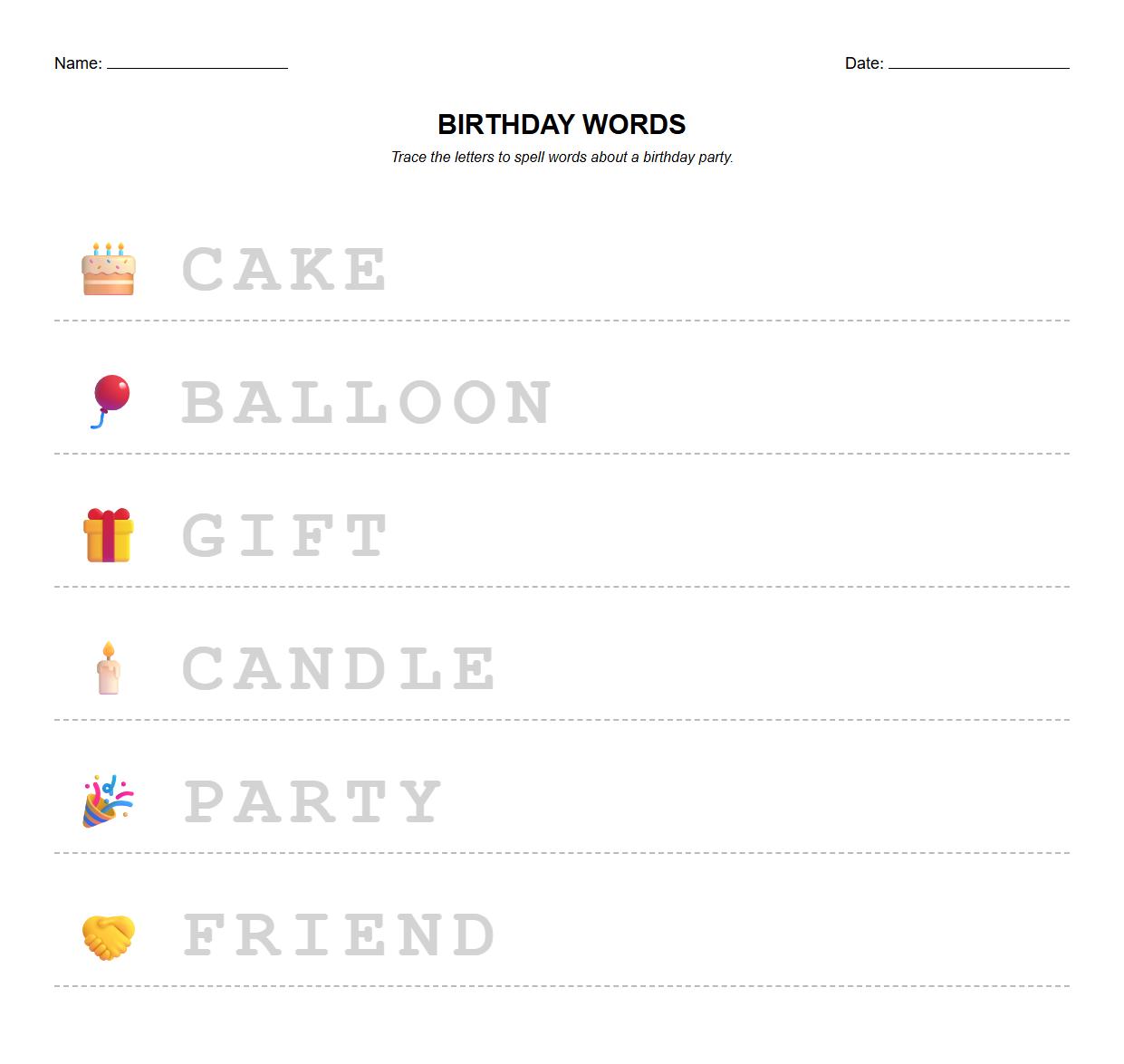 Tracing Letters Worksheet with Birthday Party Theme