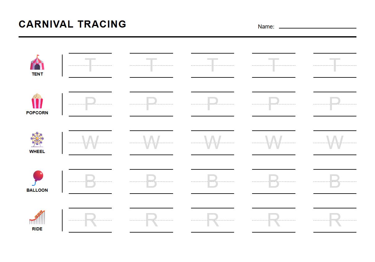 Tracing Letters Worksheet with Carnival Theme Design