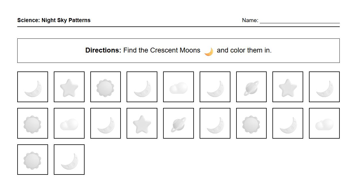 Visual discrimination worksheet coloring only the crescent moons from a mixed group