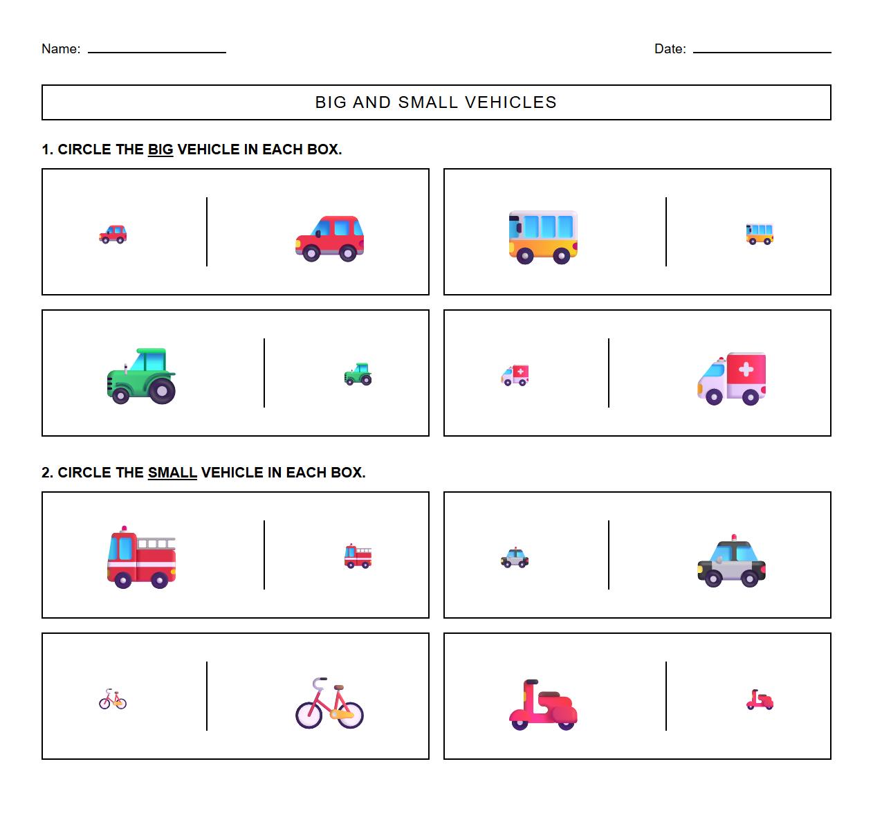 Visual Discrimination worksheet for Kindergarten: Big and Small Vehicle Recognition