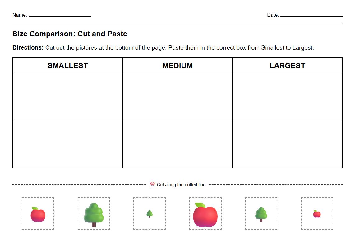 Visual Discrimination worksheet for Kindergarten: Cut and Paste Size Comparison