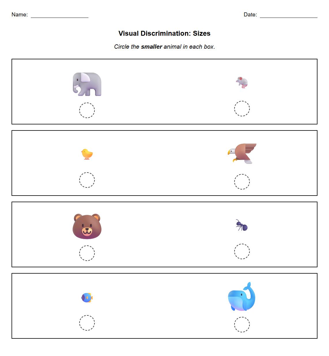 Visual Discrimination worksheet for Kindergarten: Mark the Small Animal
