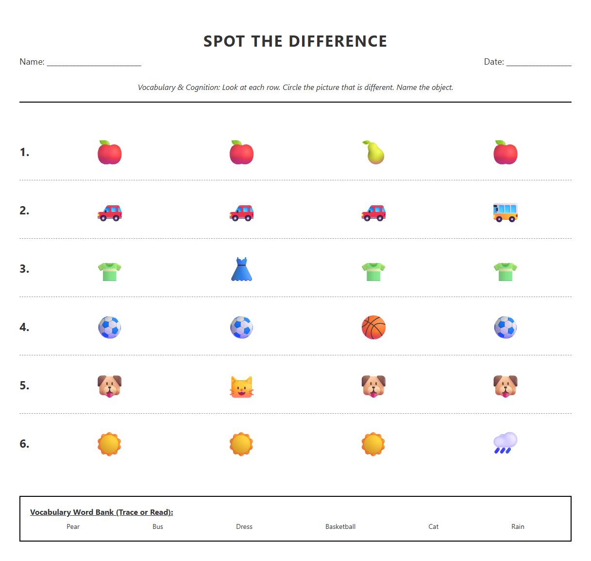 Vocabulary Development Spot the Difference Worksheet with Everyday Items