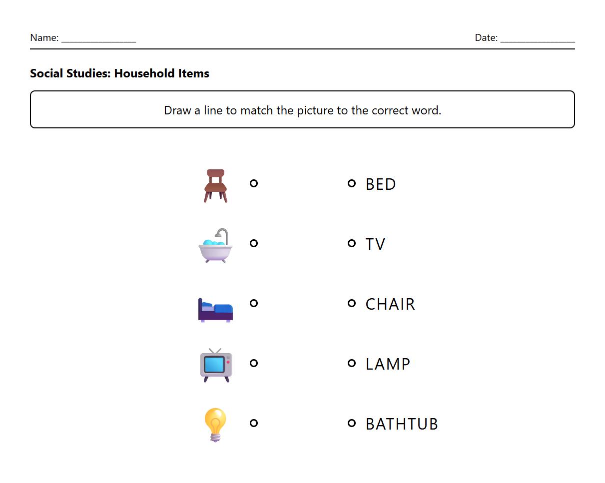 Vocabulary Matching Household Items Worksheet