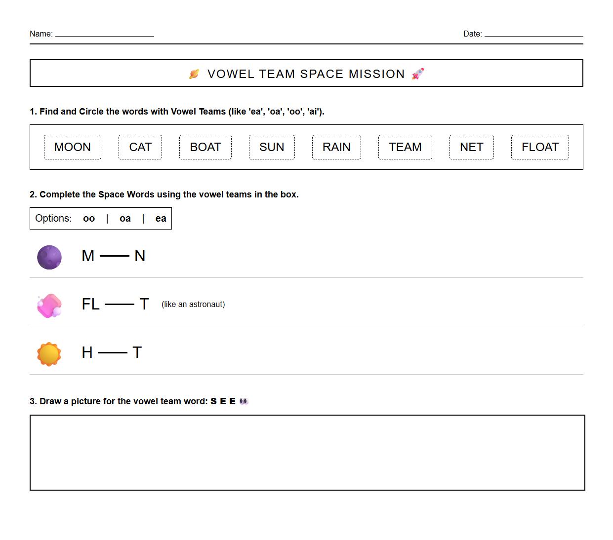 Vowel Team Words Exploration with Solar System Theme
