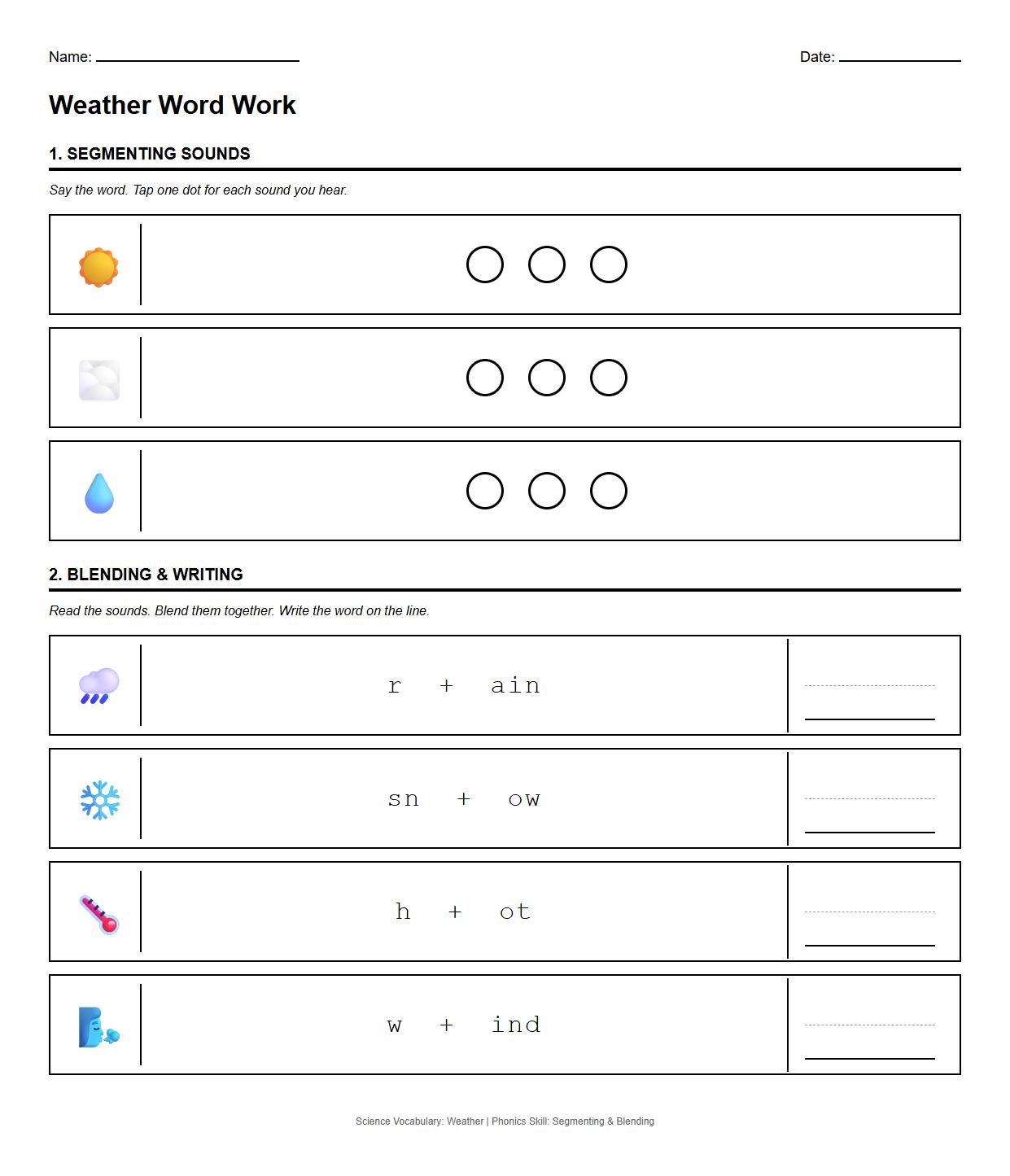 Weather vocabulary blending and segmenting activity