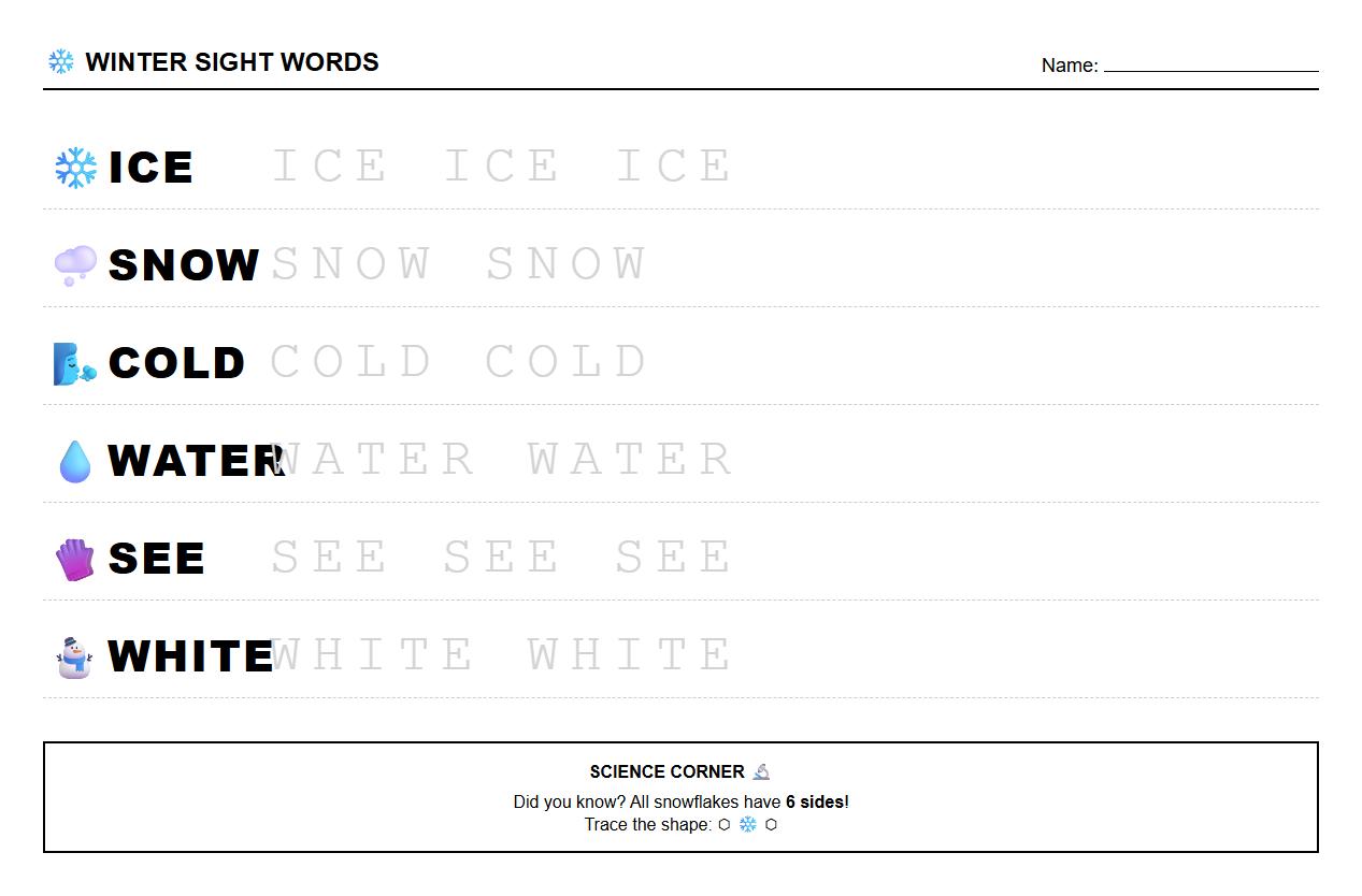 Winter Sight Words Tracing Practice with Snowflake Graphics