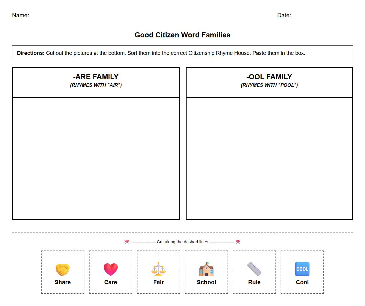 Word Family Sorting Sheet Focusing on Citizenship Concepts