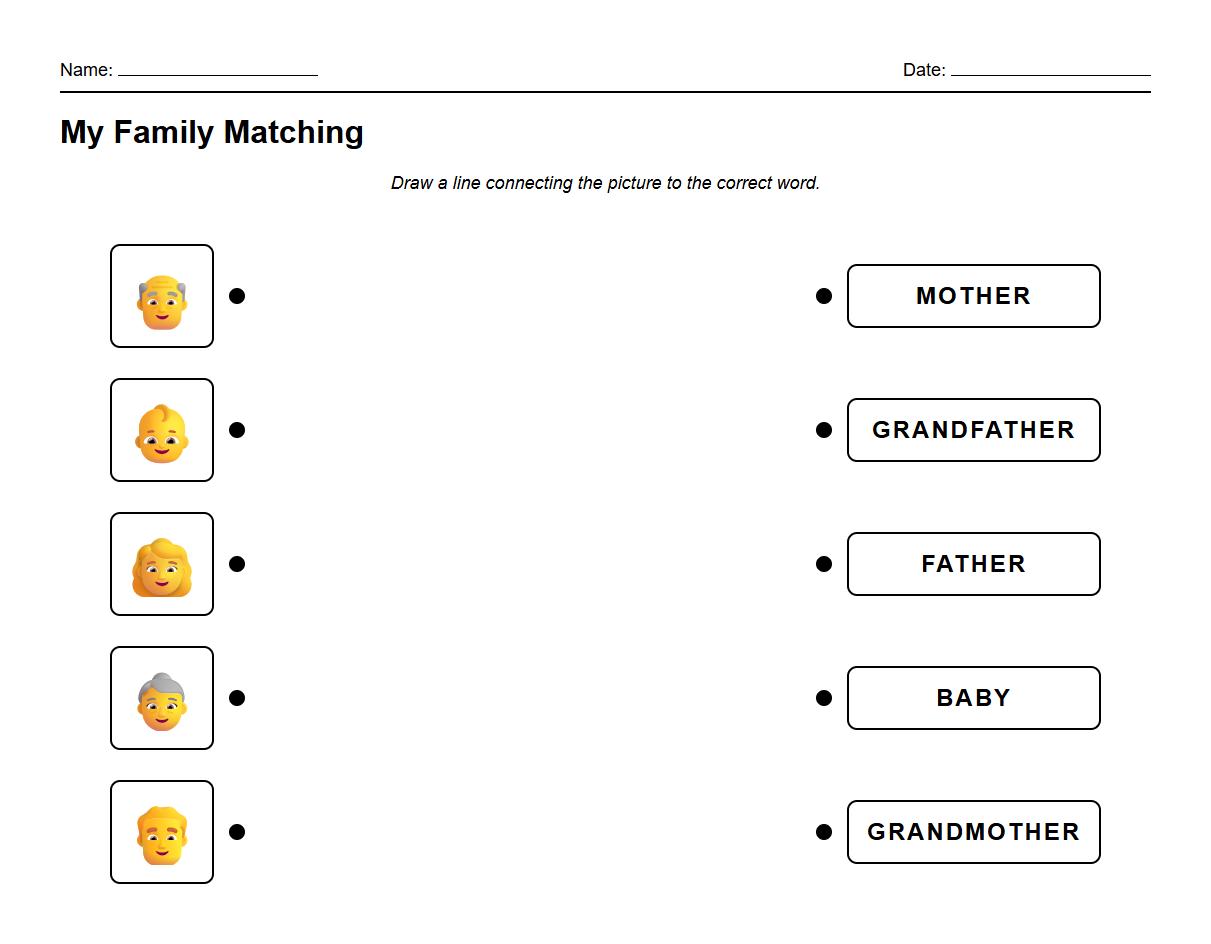 Word and Image Association Phonics Exercise for Family Relations