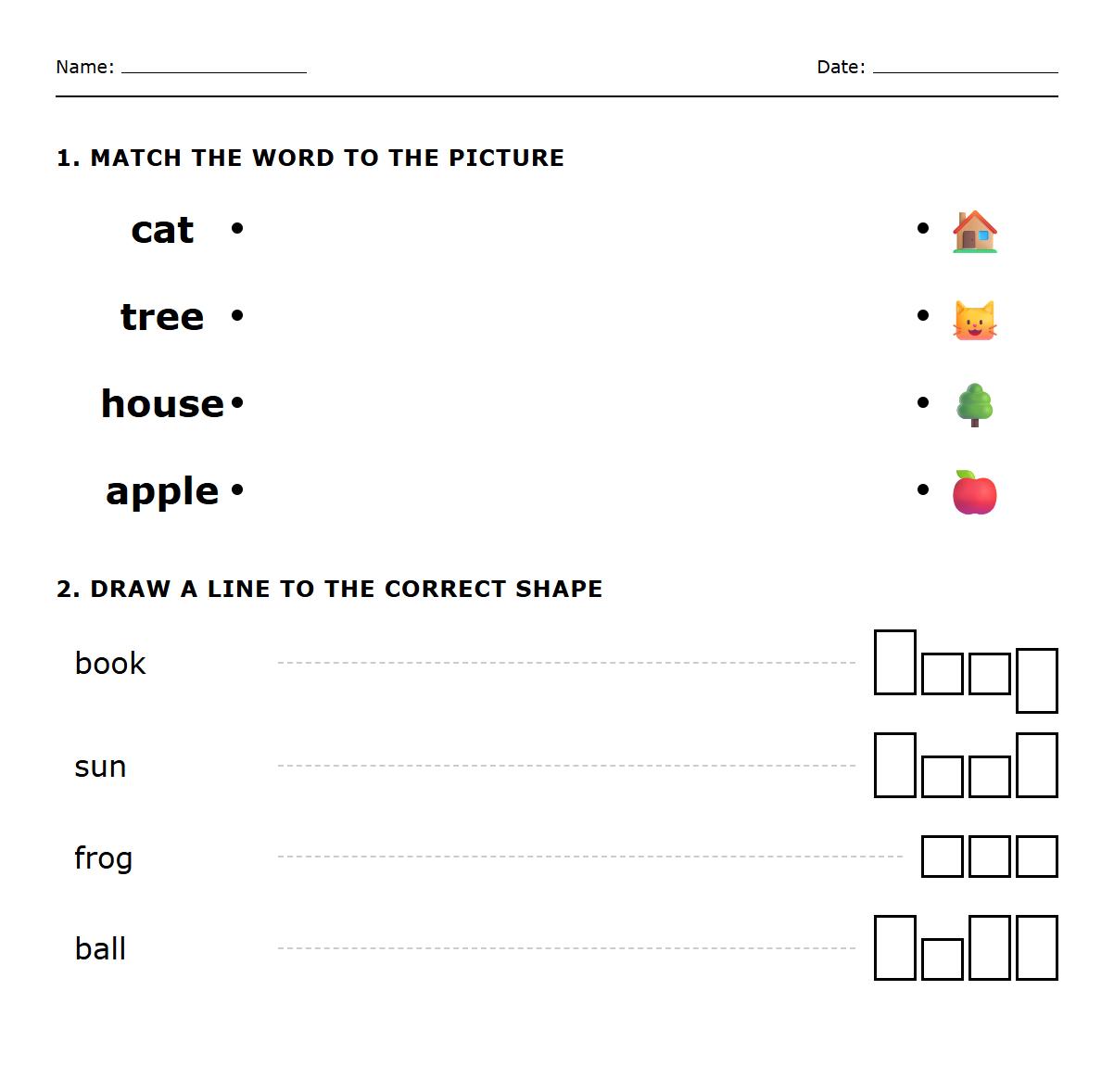 Word Shape and Sight Words Matching Worksheet