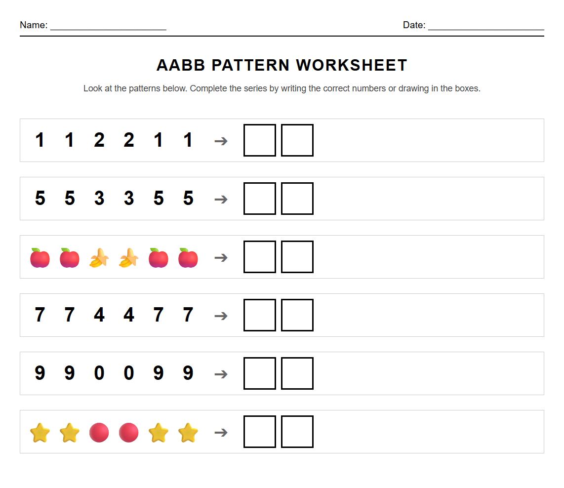 AABB Number Series Pattern Worksheet