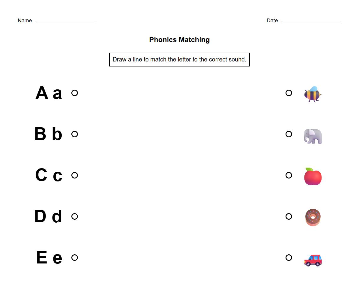 Alphabet Phonics Matching Worksheet for Letter Sound Identification