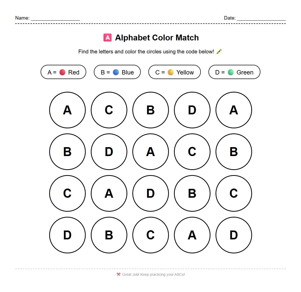 Alphabet Recognition Color Matching Sheet