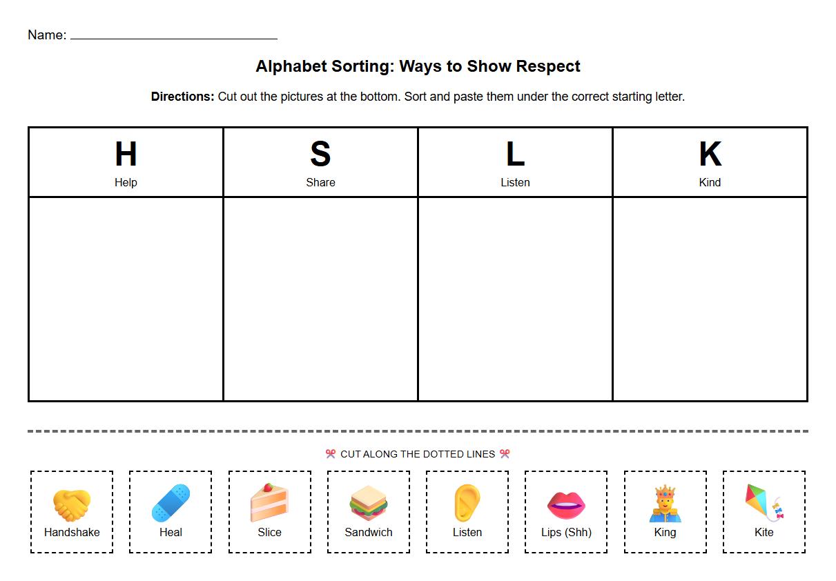Alphabet Sorting Activity Featuring Respect Related Images