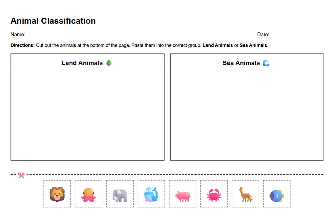 Animal Classification Cut and Paste Worksheet