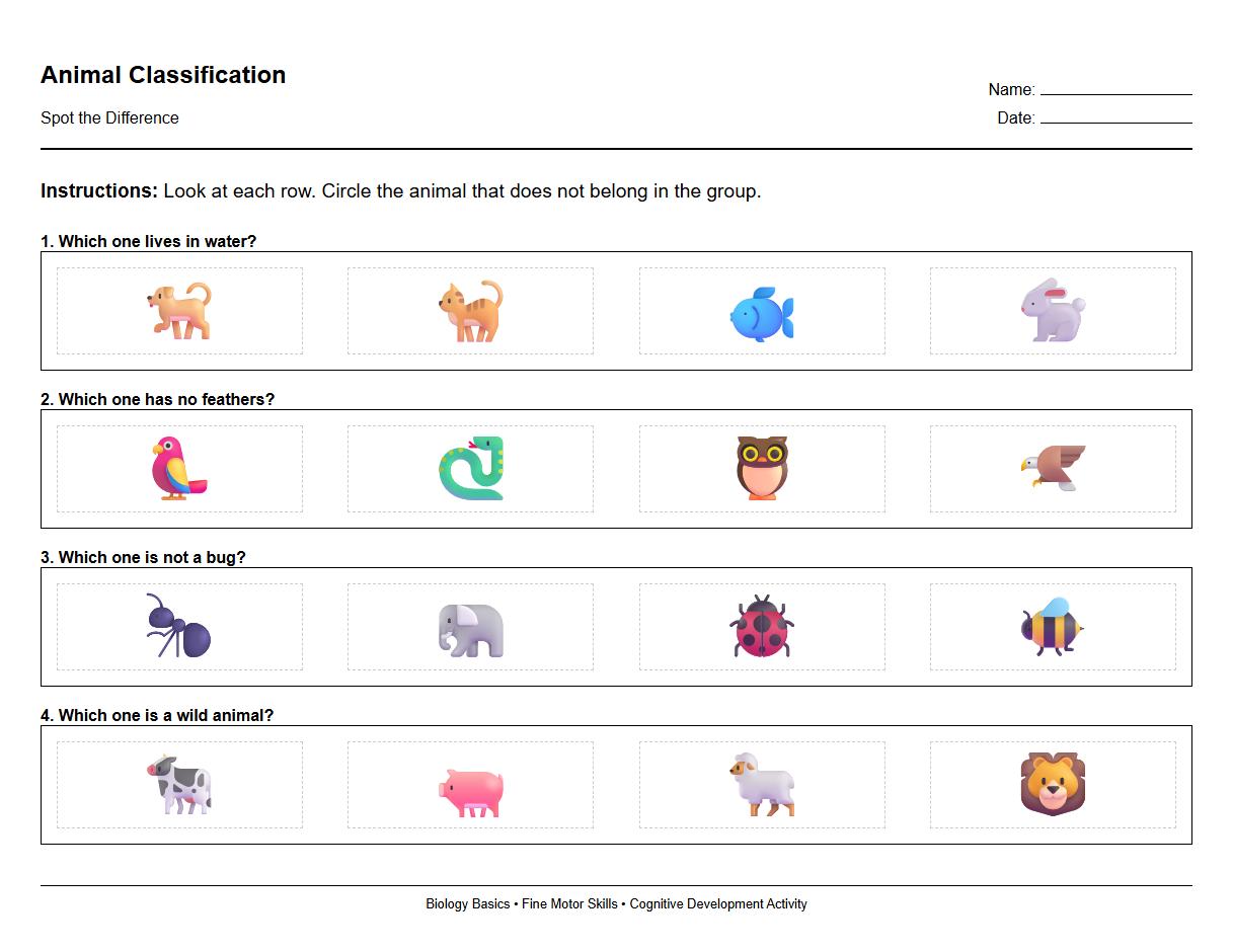 Animal Classification Spot the Difference Worksheet for Biology Basics