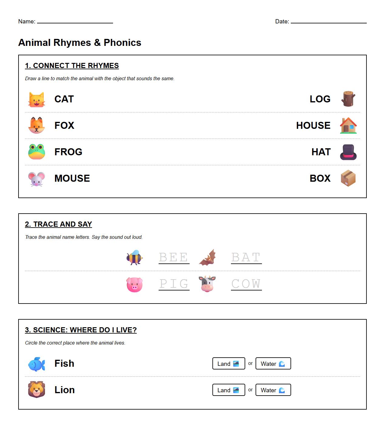 Animal Names Rhyming with Phonics Practice Worksheet