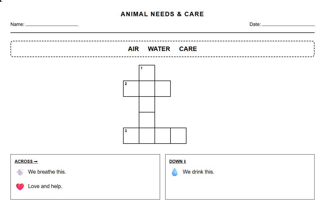 Animal Needs and Care Vocabulary Crossword Puzzle