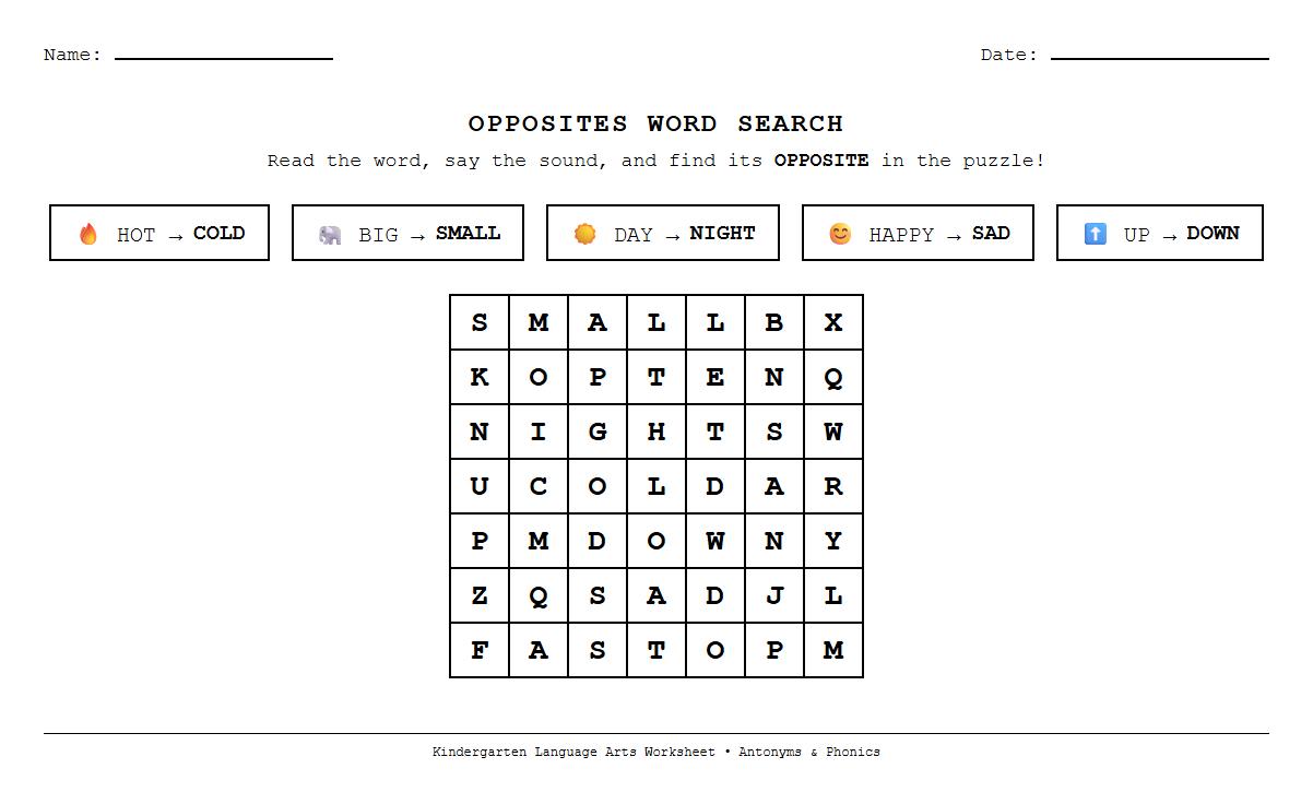 Antonym Word Search with Phonics Clues