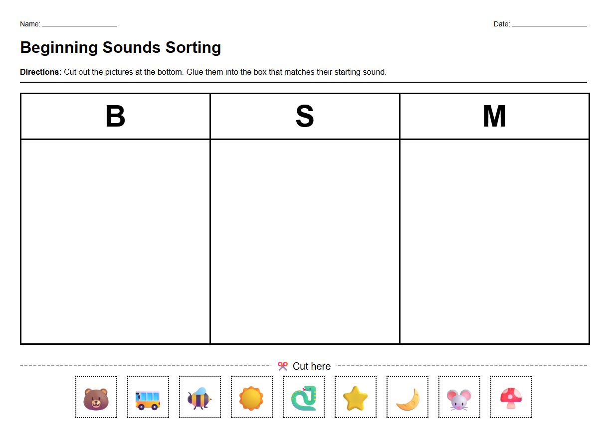 Beginning Consonant Sound Sorting Exercise