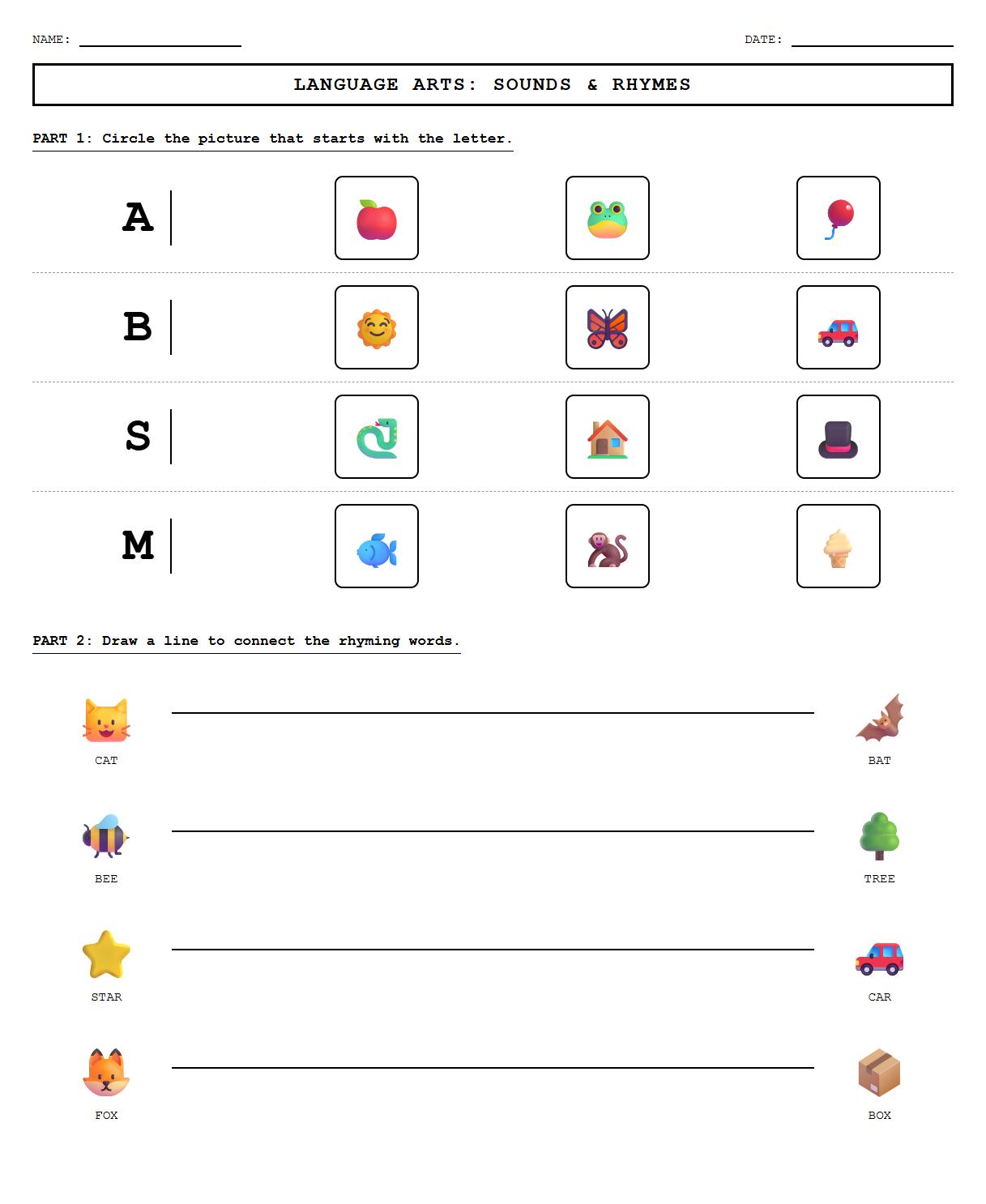 Beginning Sound and Rhyme Connection Exercise