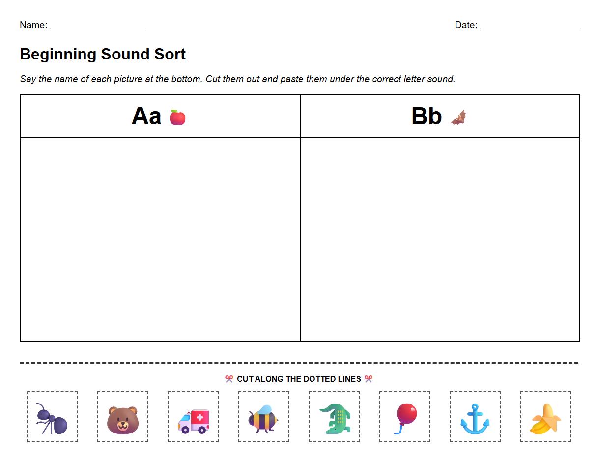 Beginning Sound Sorting Activity Sheet