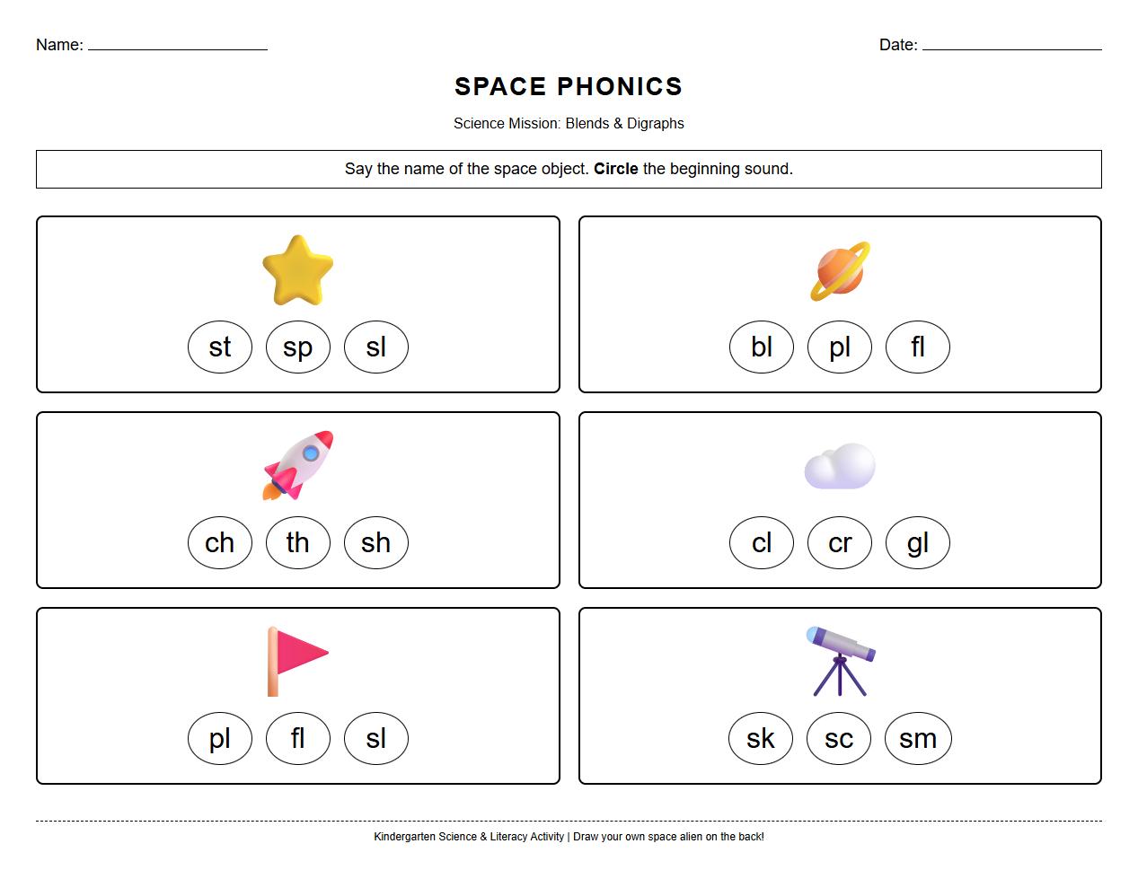 Blend and Digraph Phonics Exercise with Space Theme