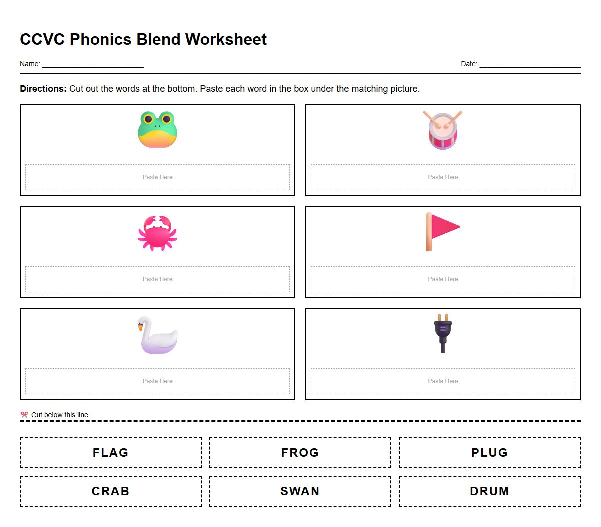 CCVC Words Phonics Blend Cut and Paste Worksheet