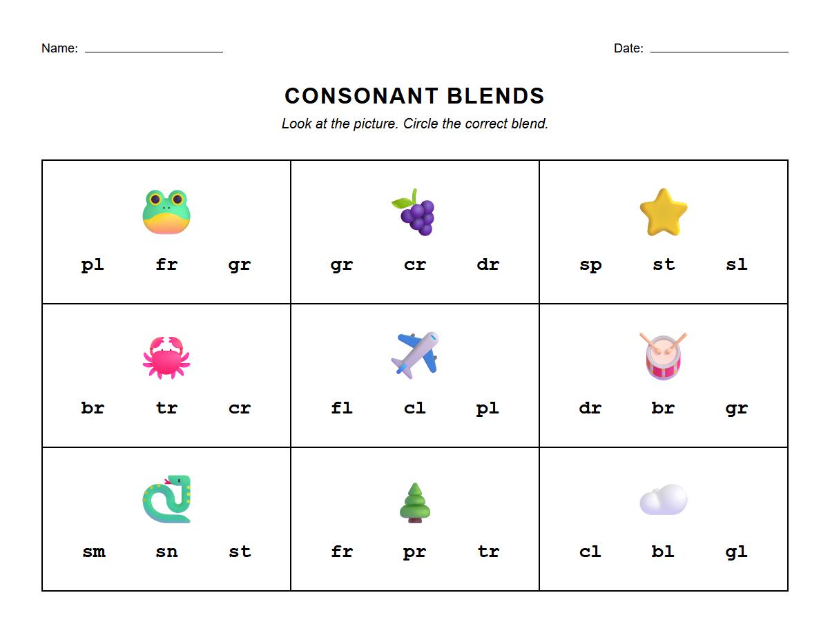 Circle the Correct Consonant Blend Phonics Activity