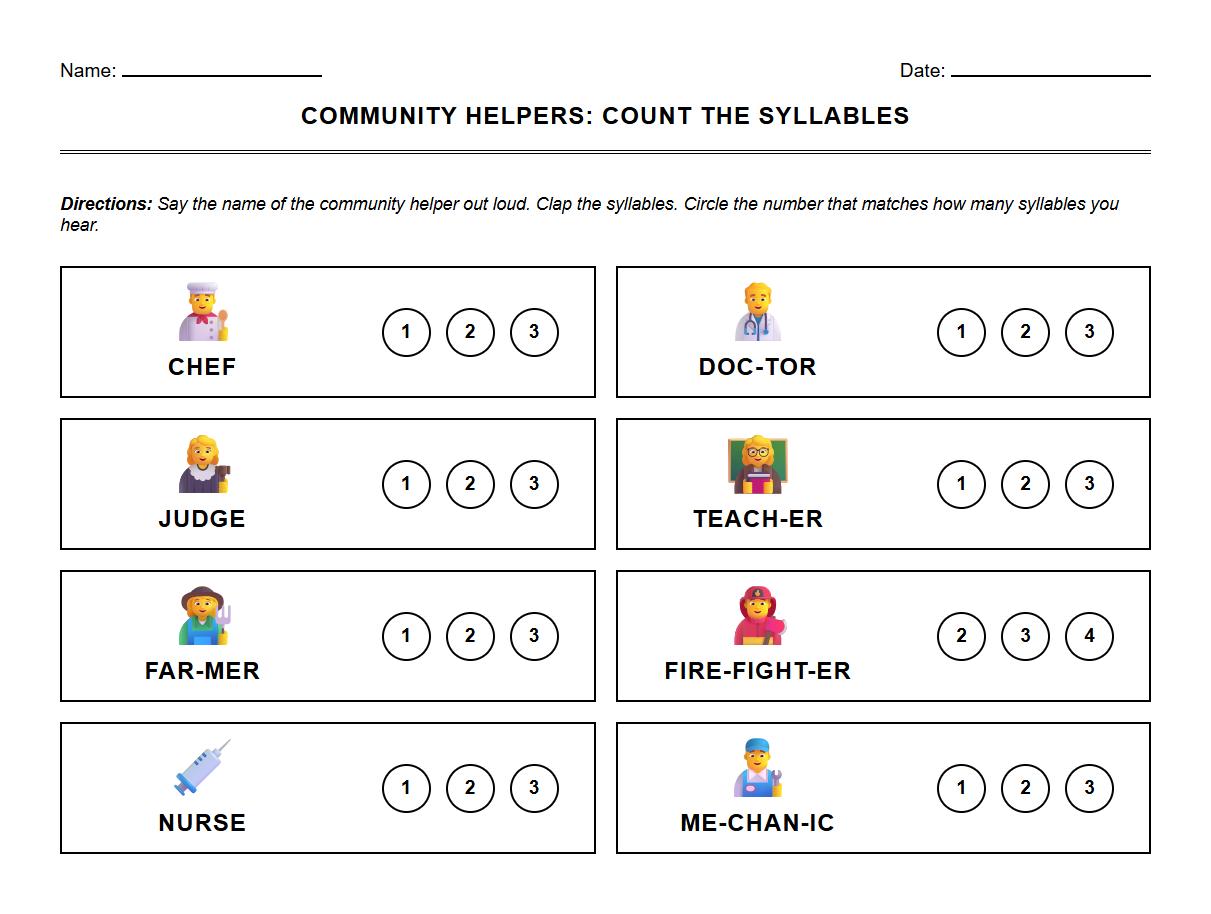 Circle the Correct Helper Worksheet Emphasizing Syllable Counting