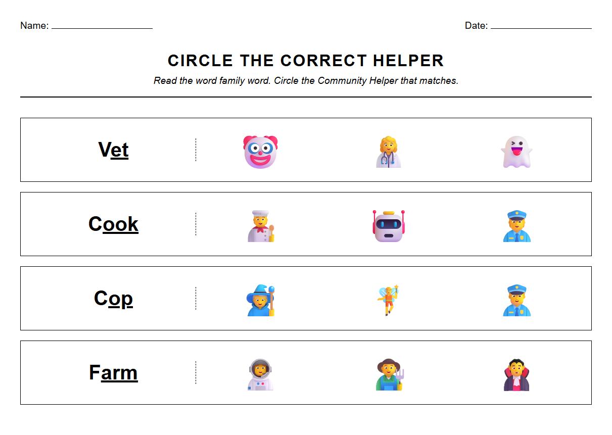 Circle the Correct Helper Worksheet Incorporating Word Family Practice