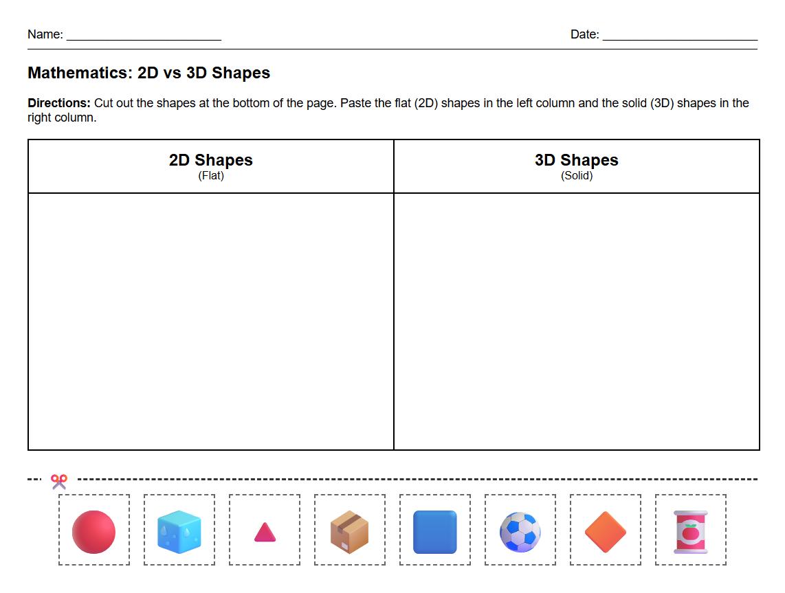 Classify 2D vs 3D Shapes Cut and Paste Task