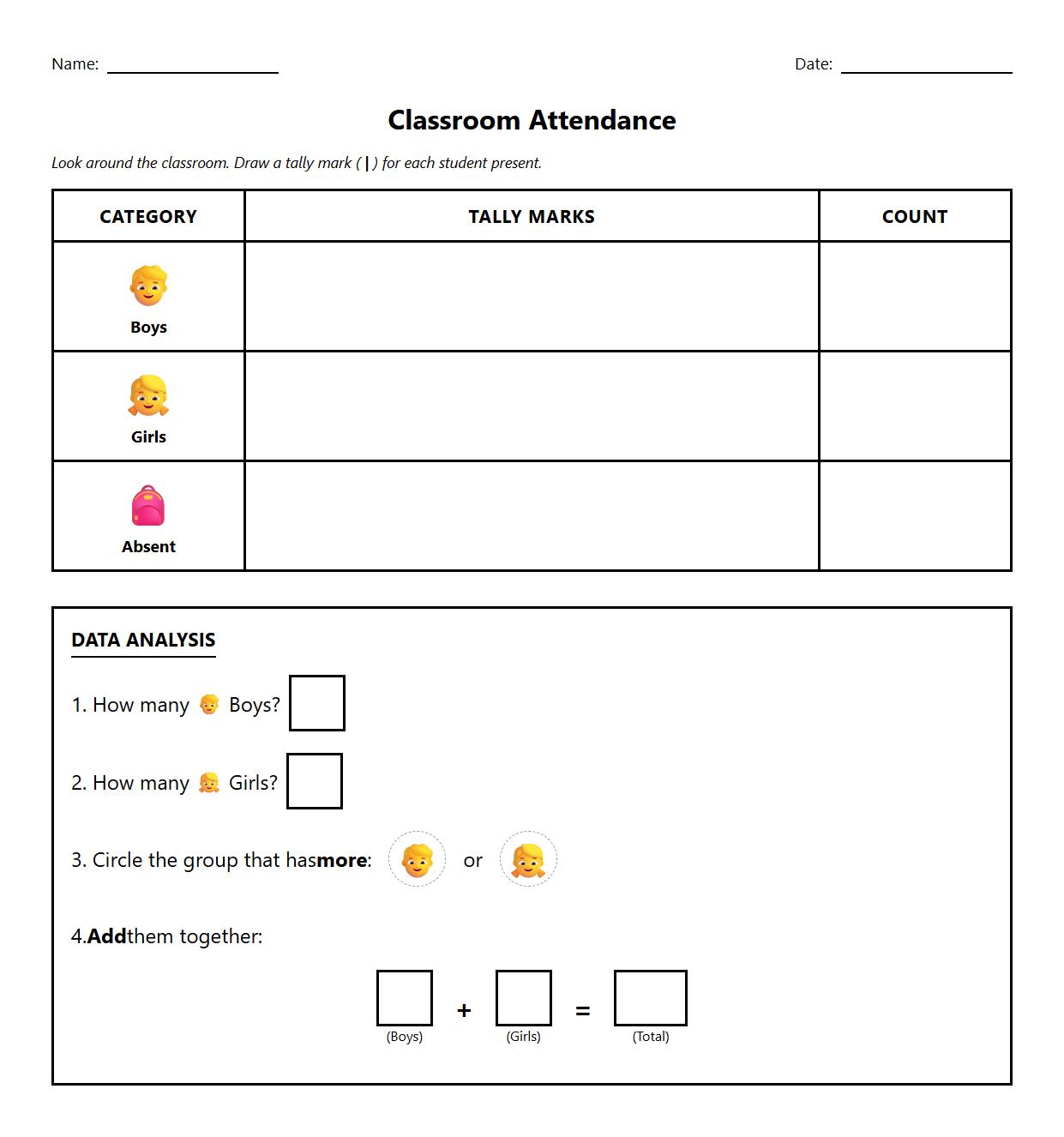 Classroom Attendance Tally Sheet with Data Analysis