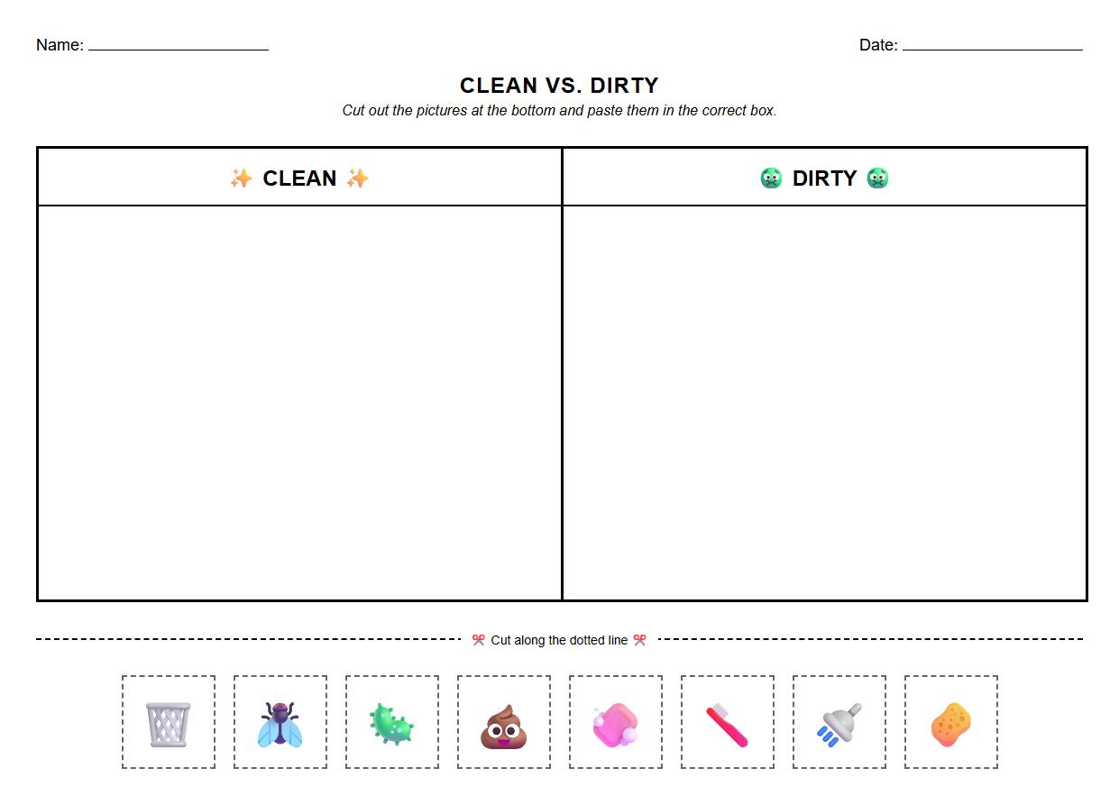Clean vs Dirty Objects Classification Cut and Paste Worksheet