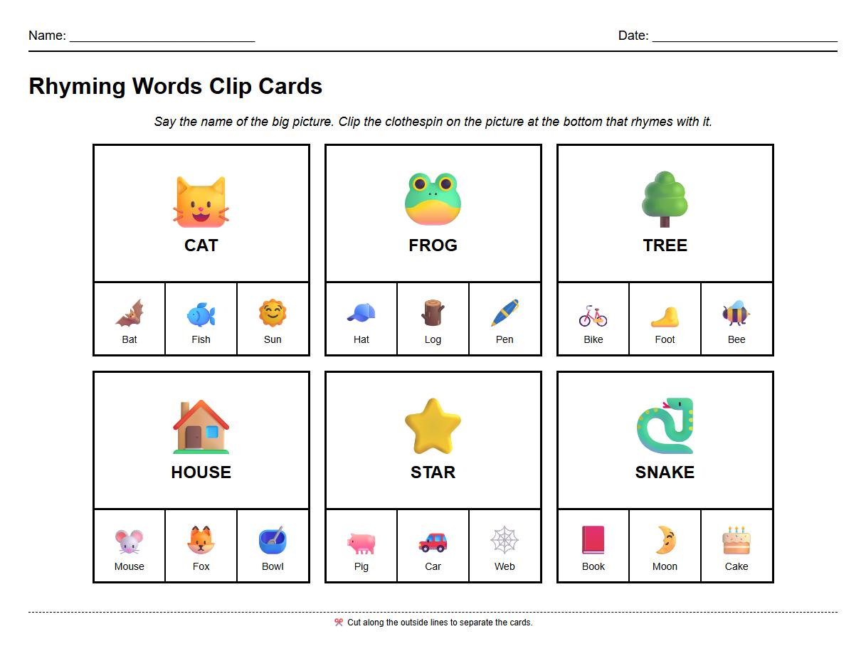 Clip Card Activities for Rhyming Words Identification