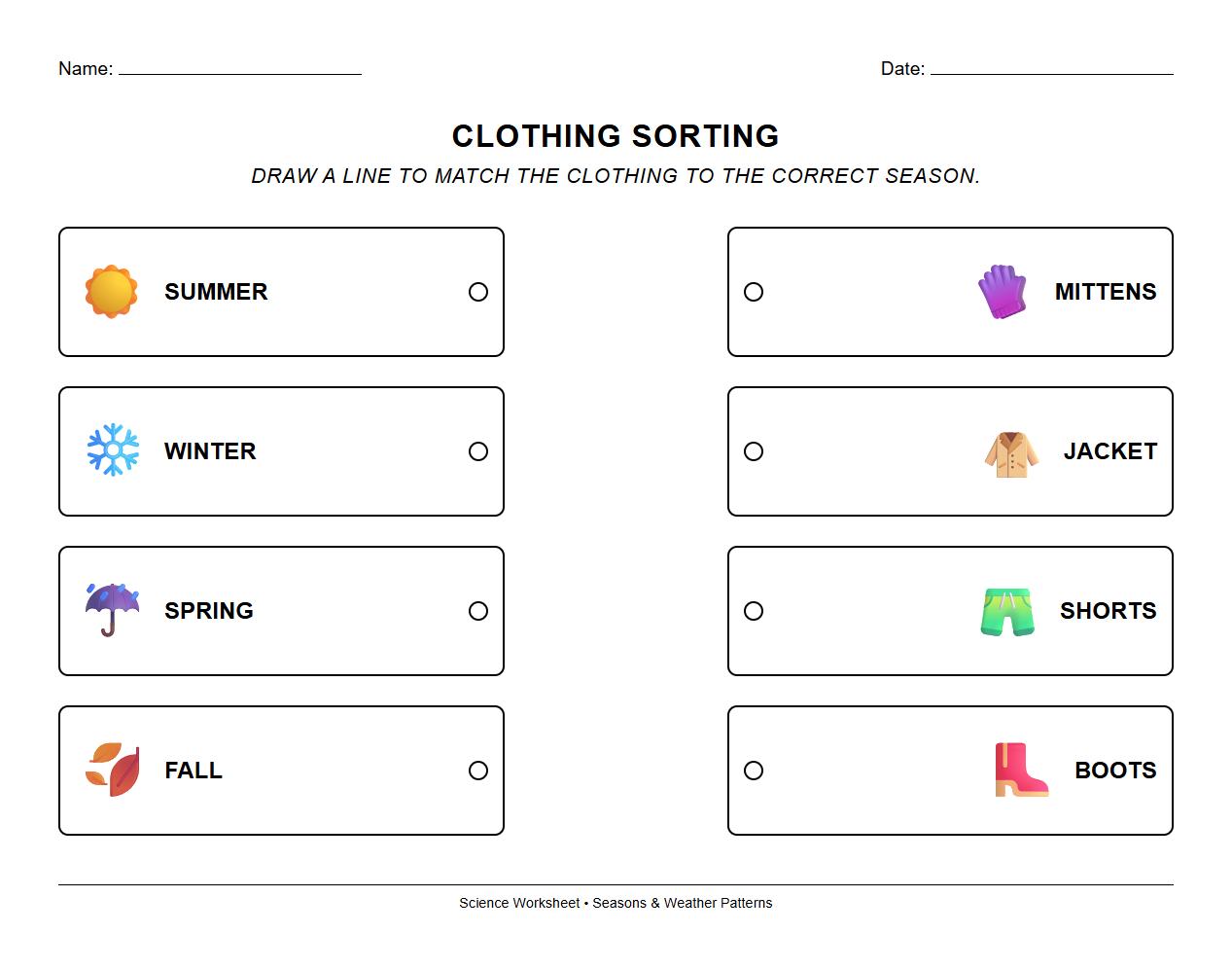 Clothing Sorting by Season Worksheet with Visual Cues