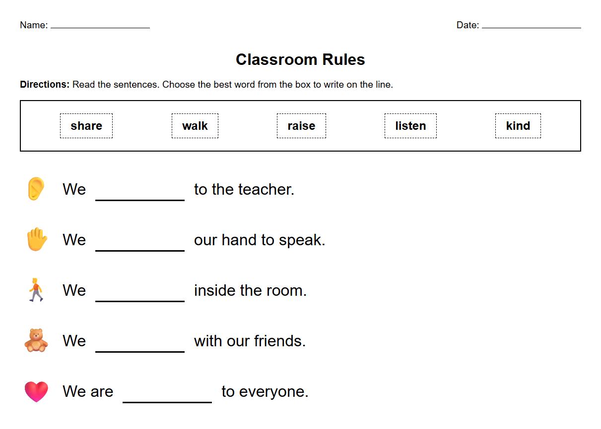 Cloze Passage Guided Reading Identification of Classroom Rules Worksheet