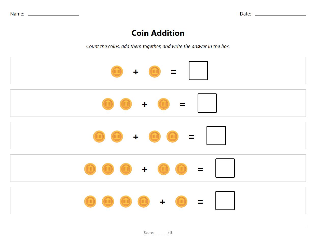 Coin Counting and Addition Worksheet