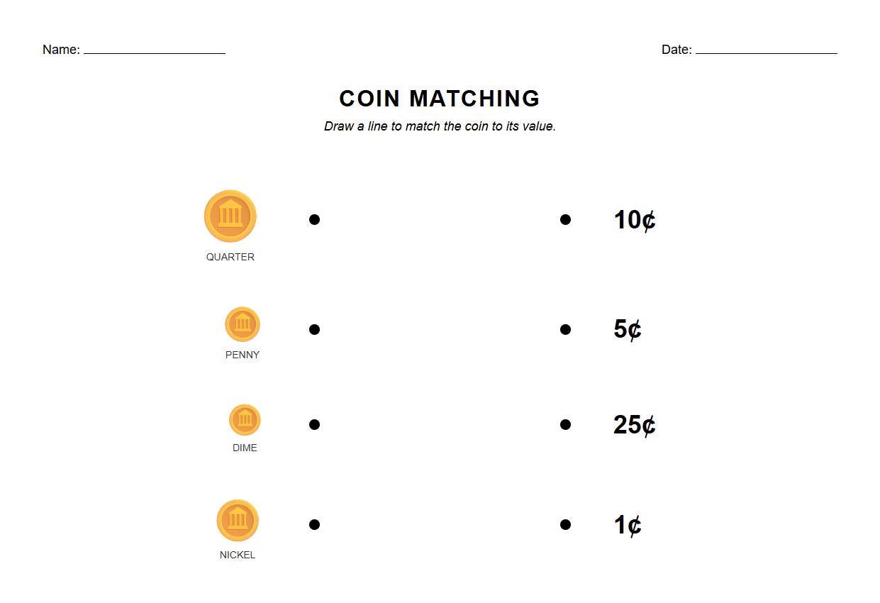 Coin Identification and Value Matching Worksheet