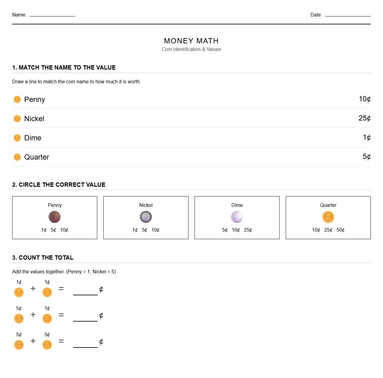 Coin Identification and Value Recognition Worksheet