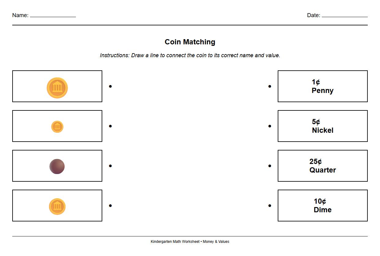 Coin Naming and Value Matching Worksheet