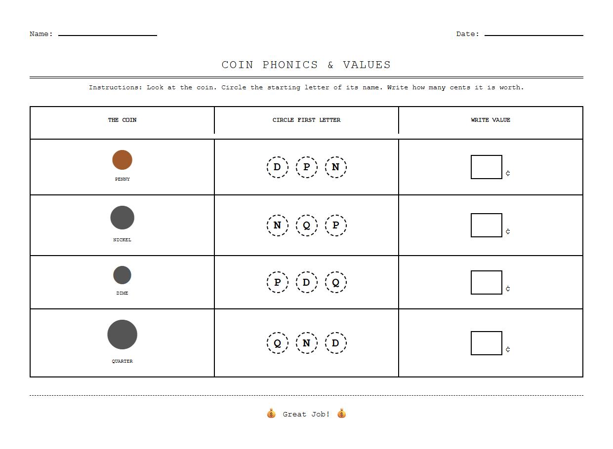 Coin Recognition Phonics Worksheet