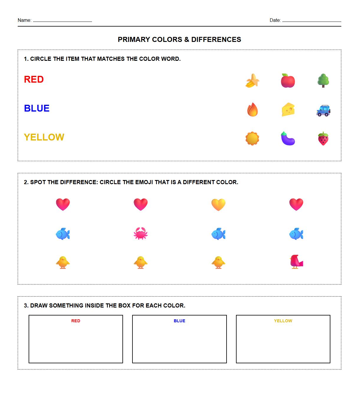 Color Identification Spot the Difference Worksheet using Primary Colors